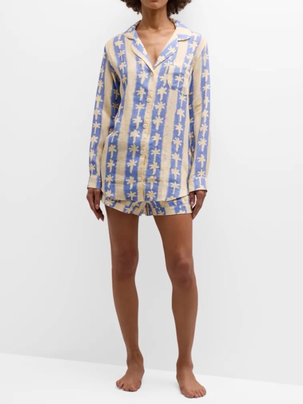 Striped Palm-Print Button-Up Pajama Set - Blue & Cream